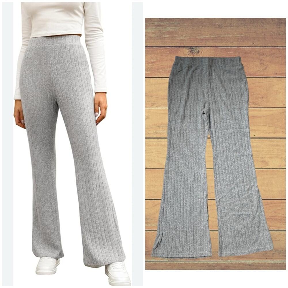 Cupshe Light Gray Ribbed Casual Flare Pants, Large